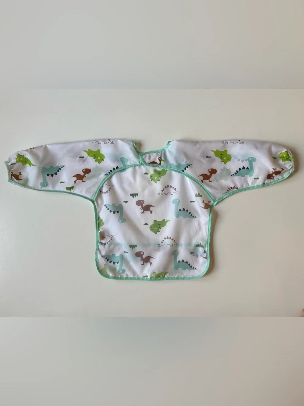 Set of 2 Baby Bibs - Silicone Beige Bib & Dinosaur Long-Sleeve Bib